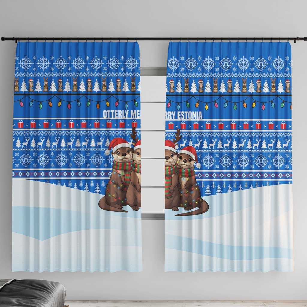 Estonia Christmas Window Curtain with Santa Otters Lights Snowflakes and National Emblem on Blue Pattern - Wonder Print Shop