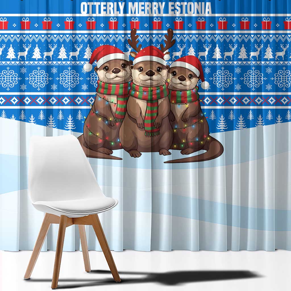 Estonia Christmas Window Curtain with Santa Otters Lights Snowflakes and National Emblem on Blue Pattern - Wonder Print Shop