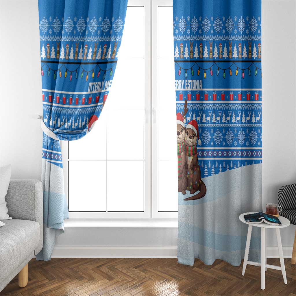 Estonia Christmas Window Curtain with Santa Otters Lights Snowflakes and National Emblem on Blue Pattern - Wonder Print Shop