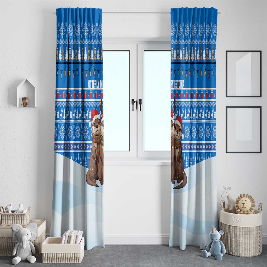 Estonia Christmas Window Curtain with Santa Otters Lights Snowflakes and National Emblem on Blue Pattern - Wonder Print Shop