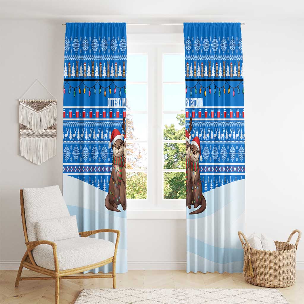 Estonia Christmas Window Curtain with Santa Otters Lights Snowflakes and National Emblem on Blue Pattern - Wonder Print Shop
