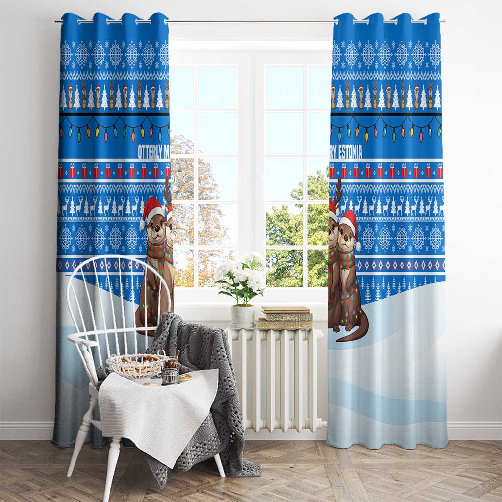 Estonia Christmas Window Curtain with Santa Otters Lights Snowflakes and National Emblem on Blue Pattern - Wonder Print Shop