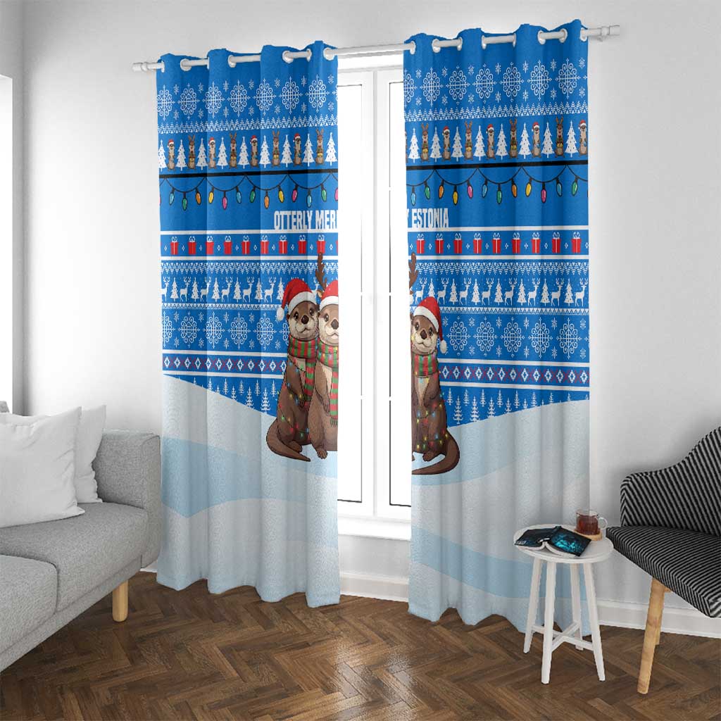 Estonia Christmas Window Curtain with Santa Otters Lights Snowflakes and National Emblem on Blue Pattern - Wonder Print Shop