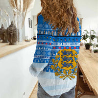 Estonia Christmas Women Casual Shirt with Santa Otters Lights Snowflakes and National Emblem on Blue Pattern - Wonder Print Shop