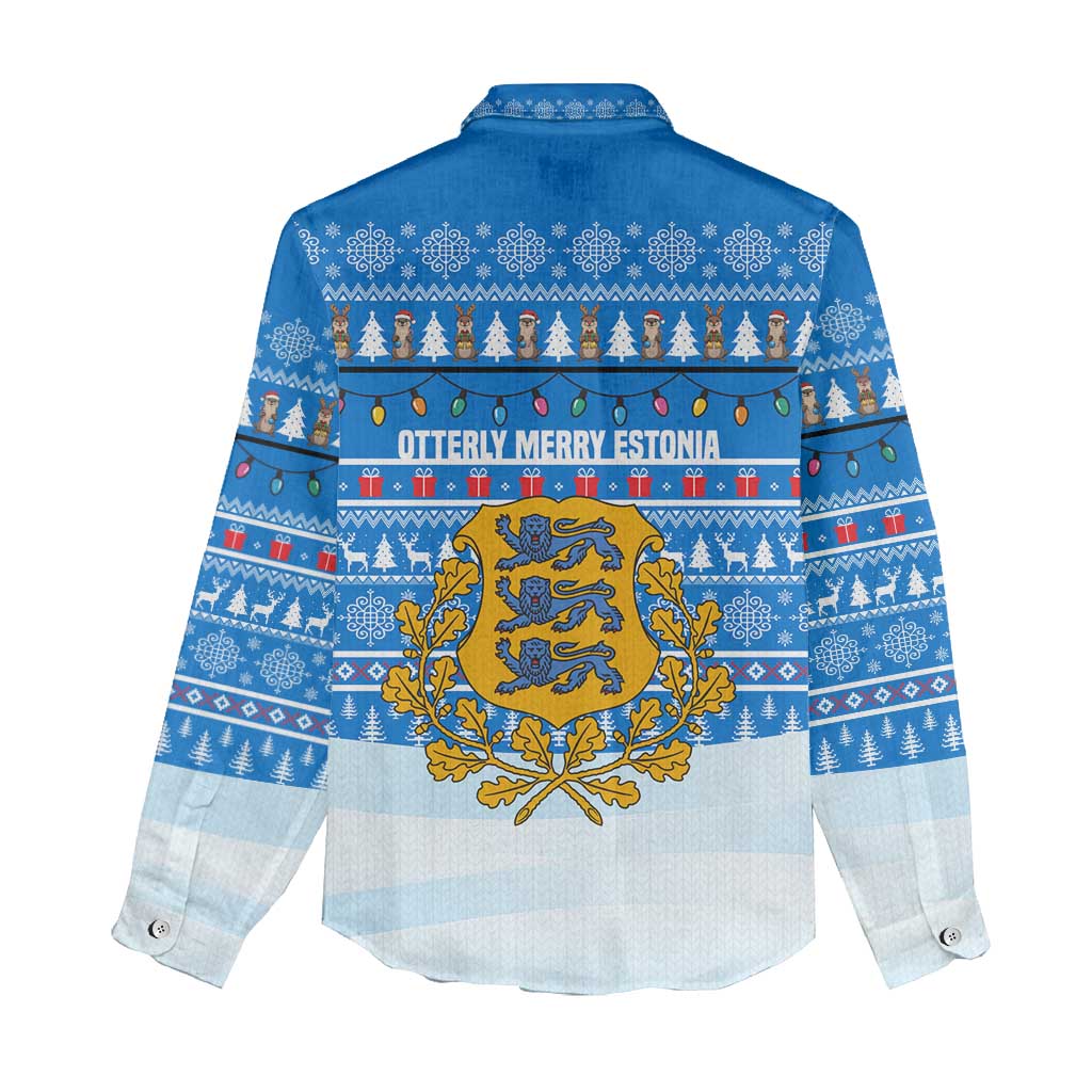 Estonia Christmas Women Casual Shirt with Santa Otters Lights Snowflakes and National Emblem on Blue Pattern - Wonder Print Shop