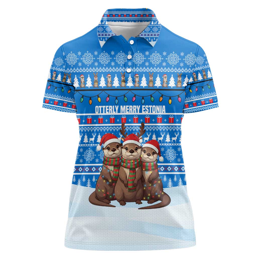 Estonia Christmas Women Polo Shirt with Santa Otters Lights Snowflakes and National Emblem on Blue Pattern - Wonder Print Shop