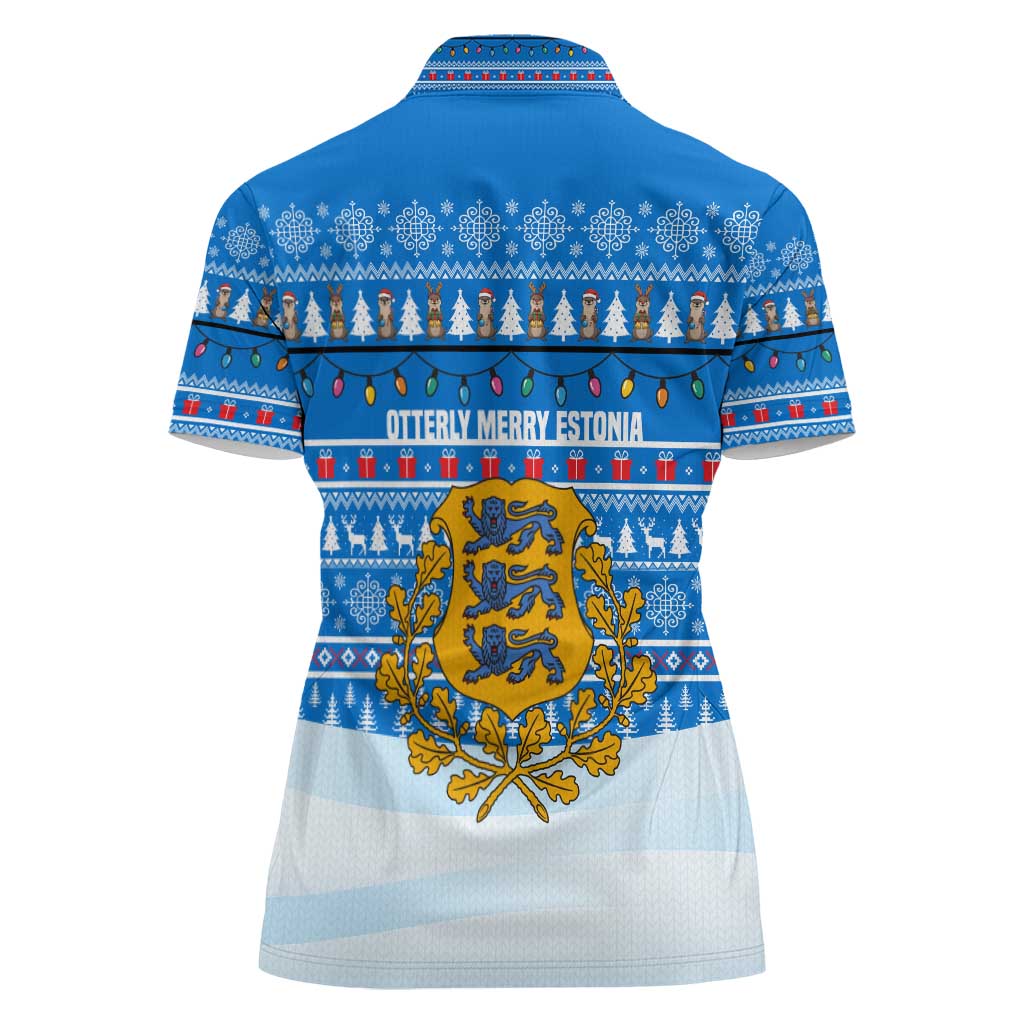 Estonia Christmas Women Polo Shirt with Santa Otters Lights Snowflakes and National Emblem on Blue Pattern - Wonder Print Shop