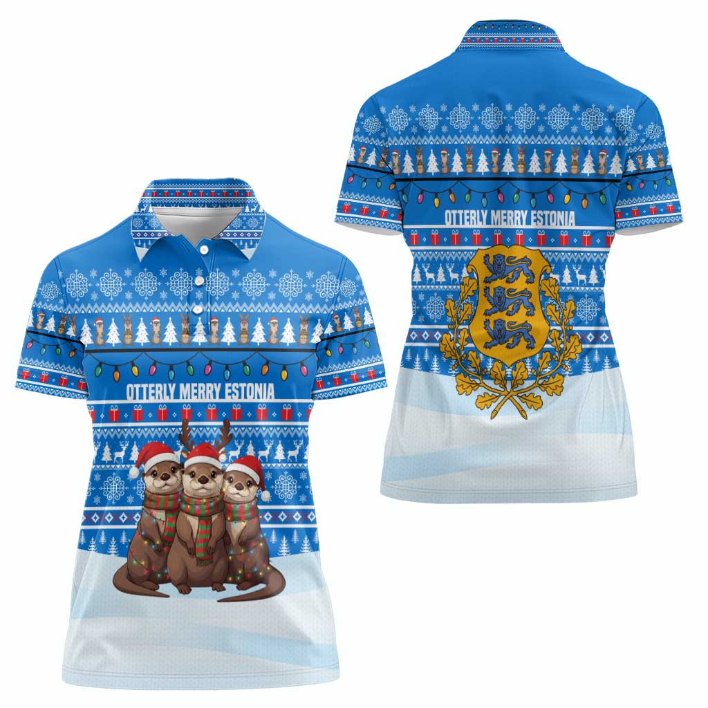 Estonia Christmas Women Polo Shirt with Santa Otters Lights Snowflakes and National Emblem on Blue Pattern - Wonder Print Shop