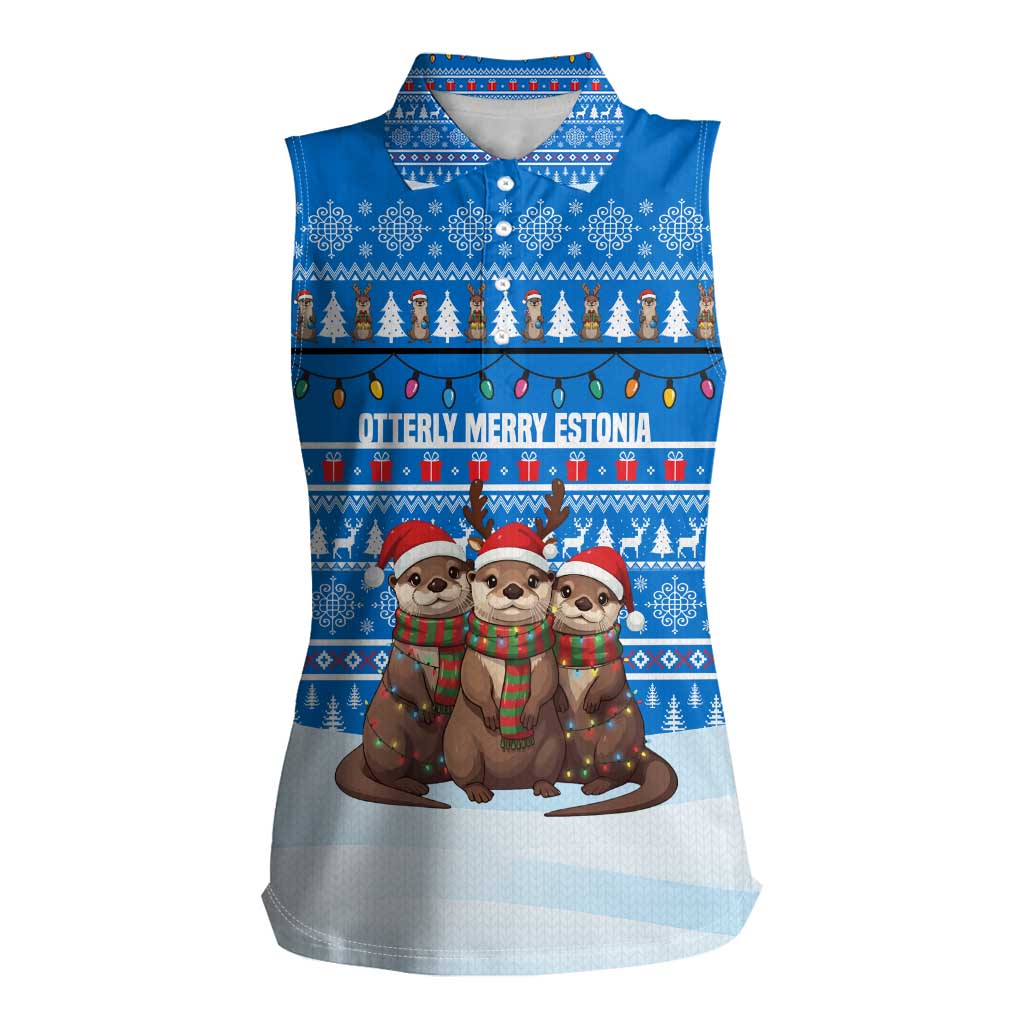 Estonia Christmas Women Sleeveless Polo Shirt with Santa Otters Lights Snowflakes and National Emblem on Blue Pattern - Wonder Print Shop