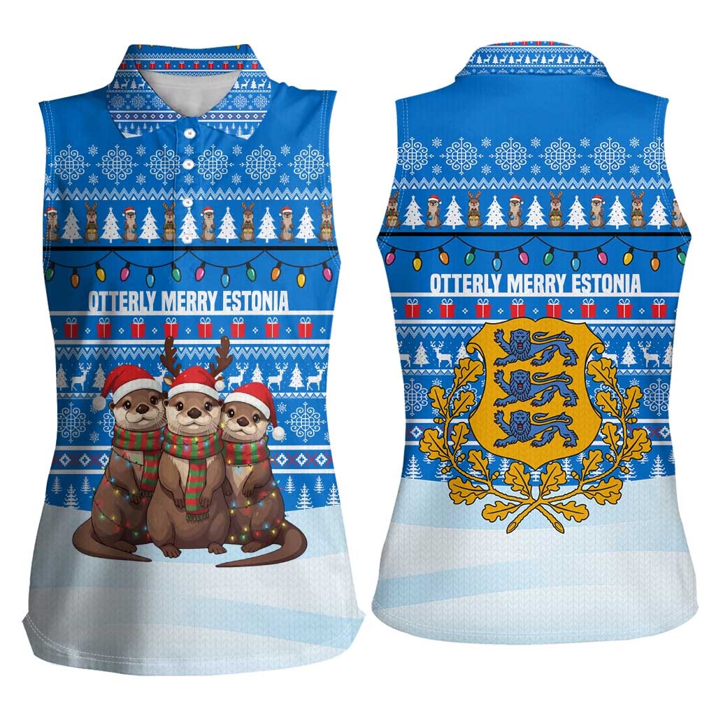 Estonia Christmas Women Sleeveless Polo Shirt with Santa Otters Lights Snowflakes and National Emblem on Blue Pattern - Wonder Print Shop