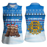 Estonia Christmas Women Sleeveless Polo Shirt with Santa Otters Lights Snowflakes and National Emblem on Blue Pattern - Wonder Print Shop