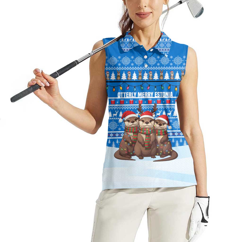Estonia Christmas Women Sleeveless Polo Shirt with Santa Otters Lights Snowflakes and National Emblem on Blue Pattern - Wonder Print Shop