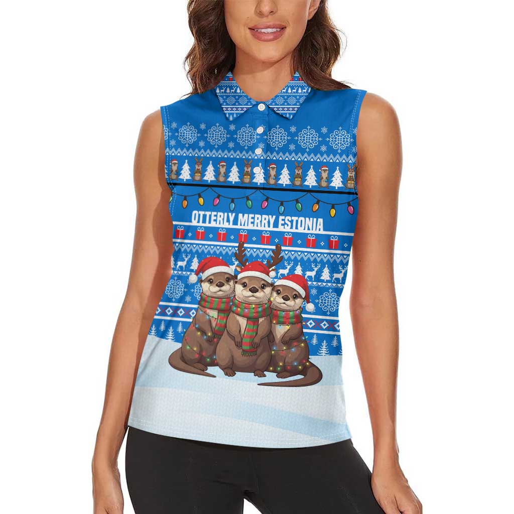 Estonia Christmas Women Sleeveless Polo Shirt with Santa Otters Lights Snowflakes and National Emblem on Blue Pattern - Wonder Print Shop