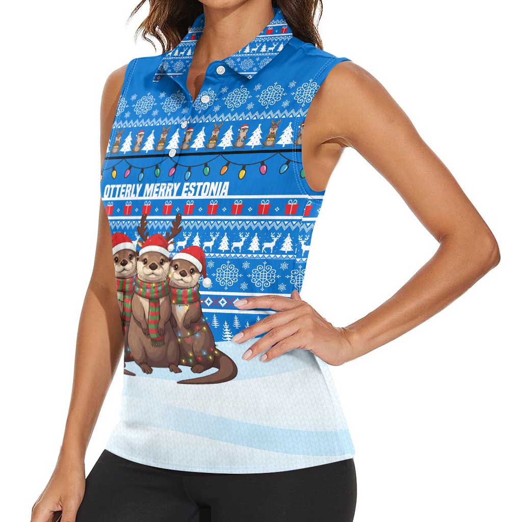 Estonia Christmas Women Sleeveless Polo Shirt with Santa Otters Lights Snowflakes and National Emblem on Blue Pattern - Wonder Print Shop