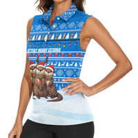 Estonia Christmas Women Sleeveless Polo Shirt with Santa Otters Lights Snowflakes and National Emblem on Blue Pattern - Wonder Print Shop