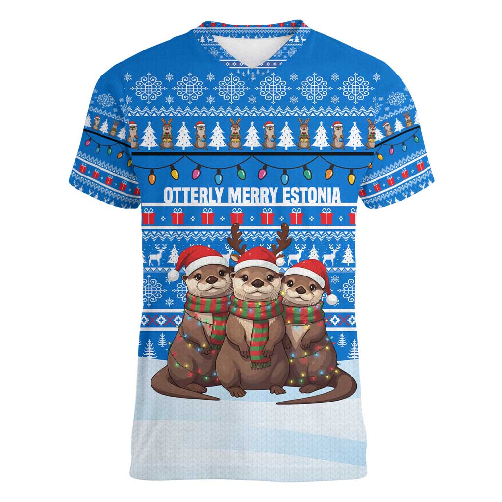 Estonia Christmas Women V-Neck T-Shirt with Santa Otters Lights Snowflakes and National Emblem on Blue Pattern - Wonder Print Shop