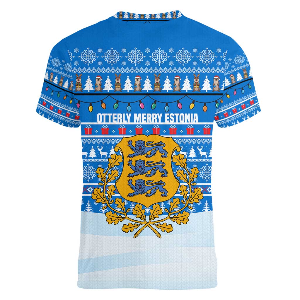 Estonia Christmas Women V-Neck T-Shirt with Santa Otters Lights Snowflakes and National Emblem on Blue Pattern - Wonder Print Shop