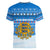Estonia Christmas Women V-Neck T-Shirt with Santa Otters Lights Snowflakes and National Emblem on Blue Pattern - Wonder Print Shop