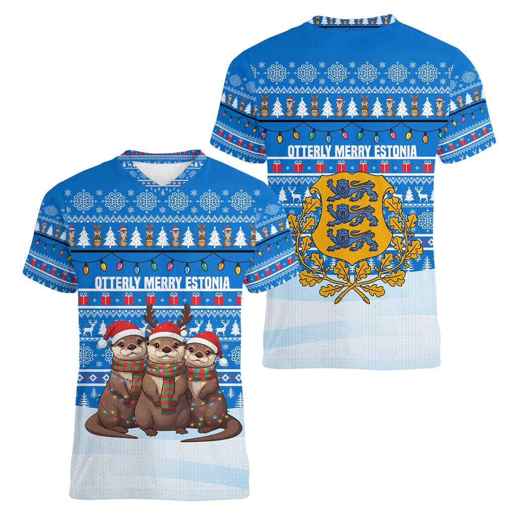 Estonia Christmas Women V-Neck T-Shirt with Santa Otters Lights Snowflakes and National Emblem on Blue Pattern - Wonder Print Shop