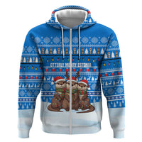 Estonia Christmas Zip Hoodie with Santa Otters Lights Snowflakes and National Emblem on Blue Pattern - Wonder Print Shop
