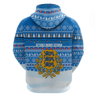 Estonia Christmas Zip Hoodie with Santa Otters Lights Snowflakes and National Emblem on Blue Pattern - Wonder Print Shop