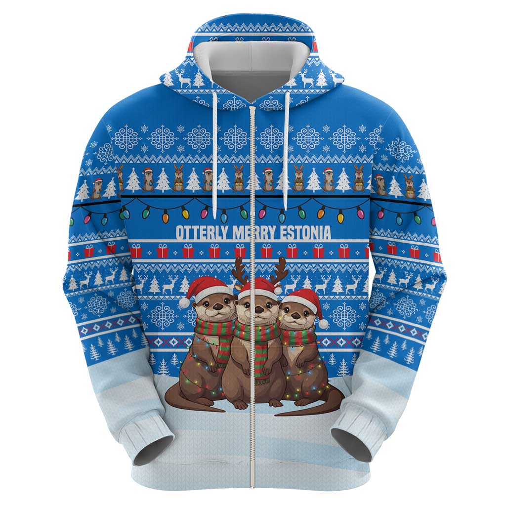 Estonia Christmas Zip Hoodie with Santa Otters Lights Snowflakes and National Emblem on Blue Pattern - Wonder Print Shop