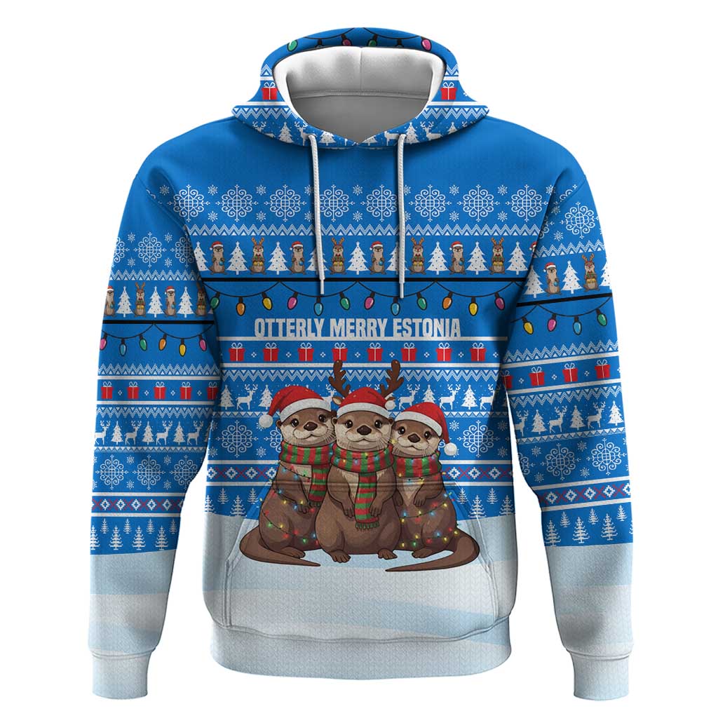 Estonia Christmas Zip Hoodie with Santa Otters Lights Snowflakes and National Emblem on Blue Pattern - Wonder Print Shop