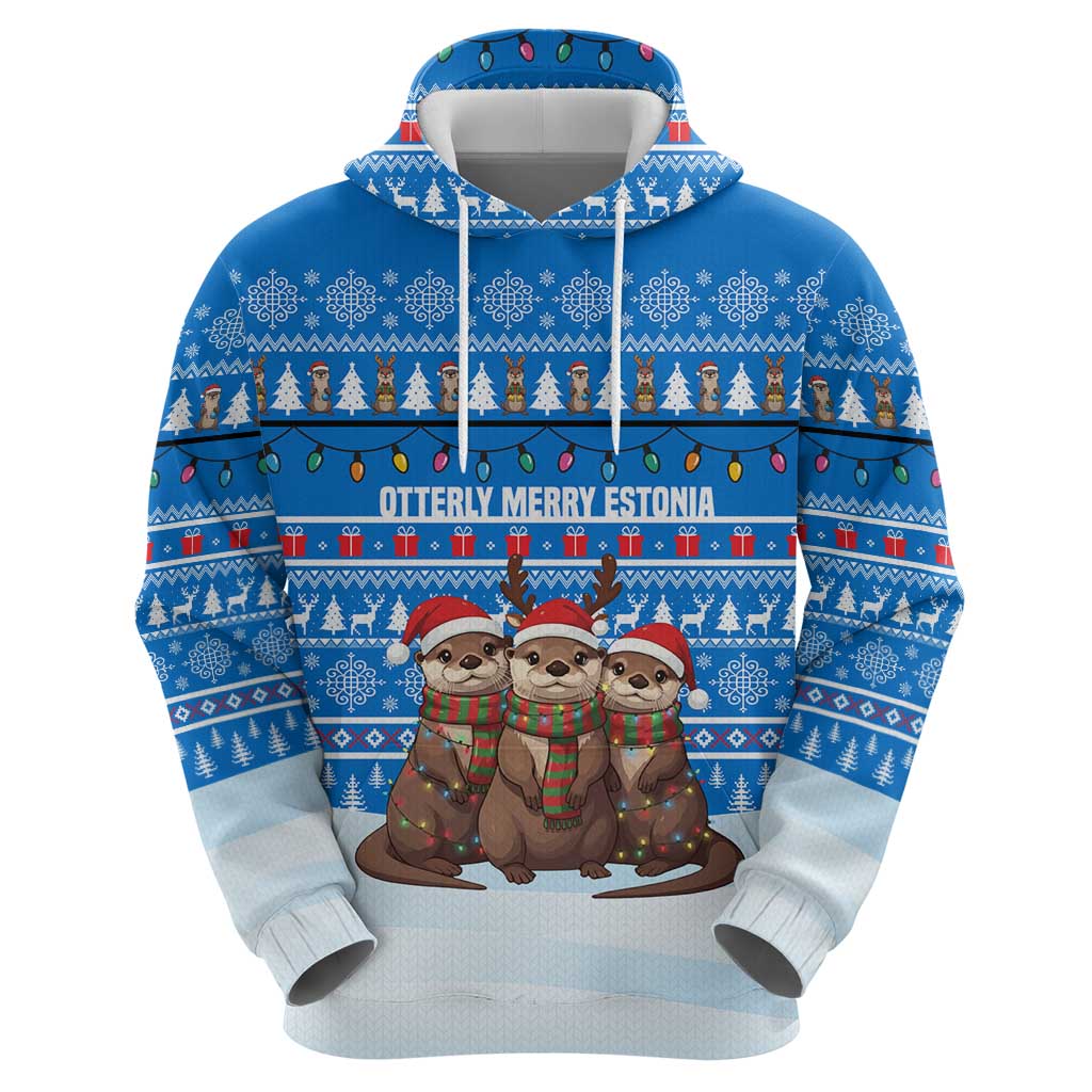 Estonia Christmas Zip Hoodie with Santa Otters Lights Snowflakes and National Emblem on Blue Pattern - Wonder Print Shop