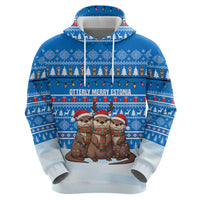 Estonia Christmas Zip Hoodie with Santa Otters Lights Snowflakes and National Emblem on Blue Pattern - Wonder Print Shop