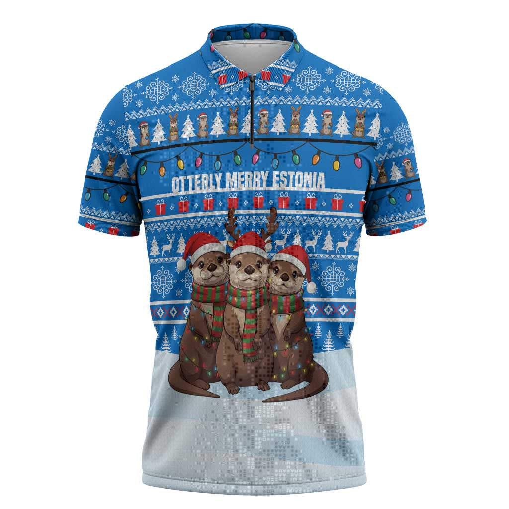 Estonia Christmas Zipper Polo Shirt with Santa Otters Lights Snowflakes and National Emblem on Blue Pattern - Wonder Print Shop
