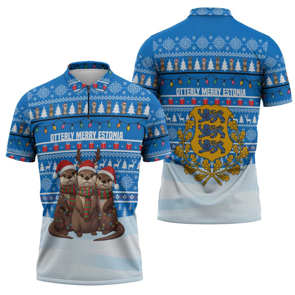 Estonia Christmas Zipper Polo Shirt with Santa Otters Lights Snowflakes and National Emblem on Blue Pattern - Wonder Print Shop