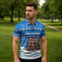 Estonia Christmas Zipper Polo Shirt with Santa Otters Lights Snowflakes and National Emblem on Blue Pattern - Wonder Print Shop
