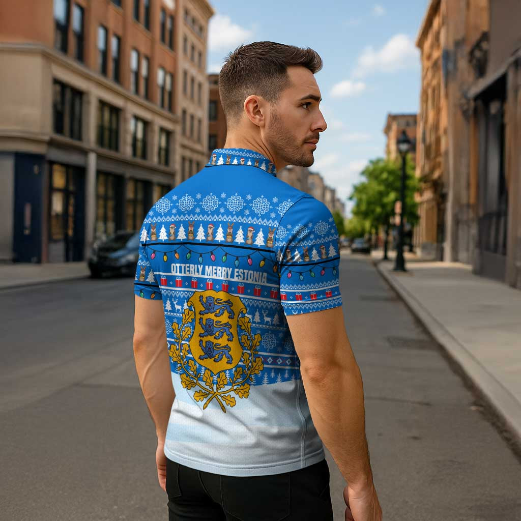 Estonia Christmas Zipper Polo Shirt with Santa Otters Lights Snowflakes and National Emblem on Blue Pattern - Wonder Print Shop