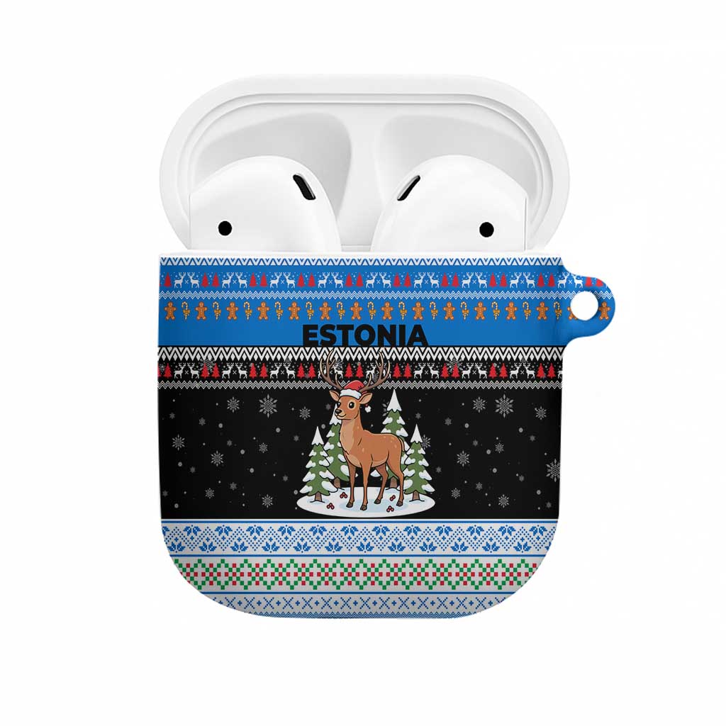 Estonia Christmas AirPods Case with Reindeer Gingerbread Snowflakes National Emblem and Winter Forest - Wonder Print Shop