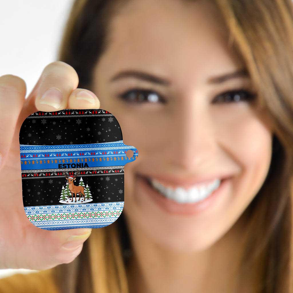 Estonia Christmas AirPods Case with Reindeer Gingerbread Snowflakes National Emblem and Winter Forest - Wonder Print Shop