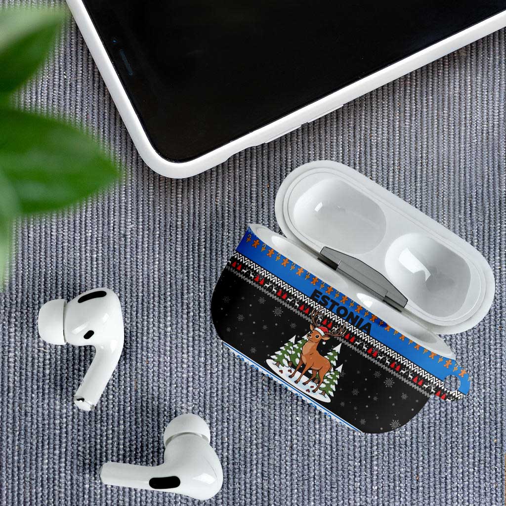 Estonia Christmas AirPods Case with Reindeer Gingerbread Snowflakes National Emblem and Winter Forest - Wonder Print Shop