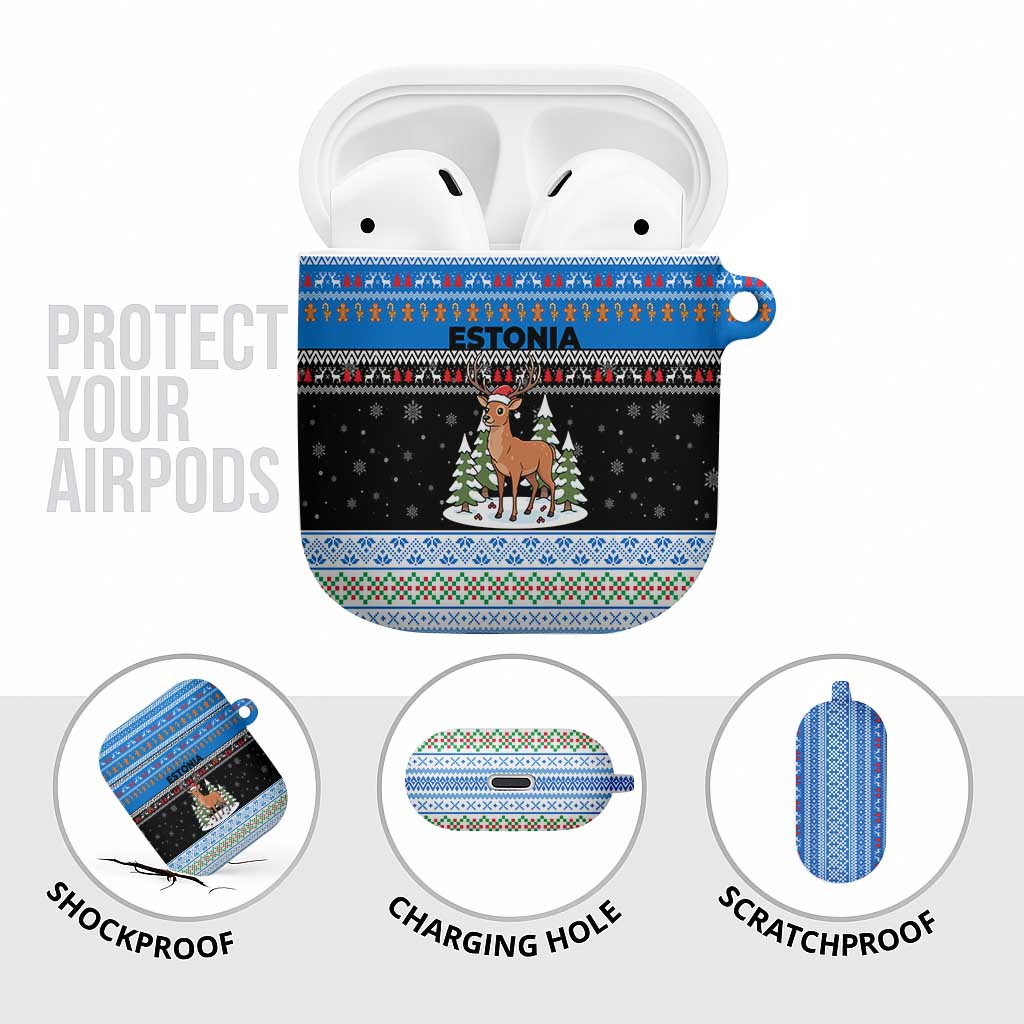 Estonia Christmas AirPods Case with Reindeer Gingerbread Snowflakes National Emblem and Winter Forest - Wonder Print Shop