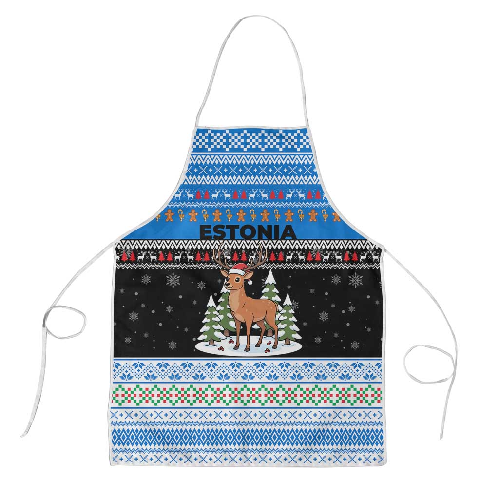 Estonia Christmas Apron with Reindeer Gingerbread Snowflakes National Emblem and Winter Forest - Wonder Print Shop