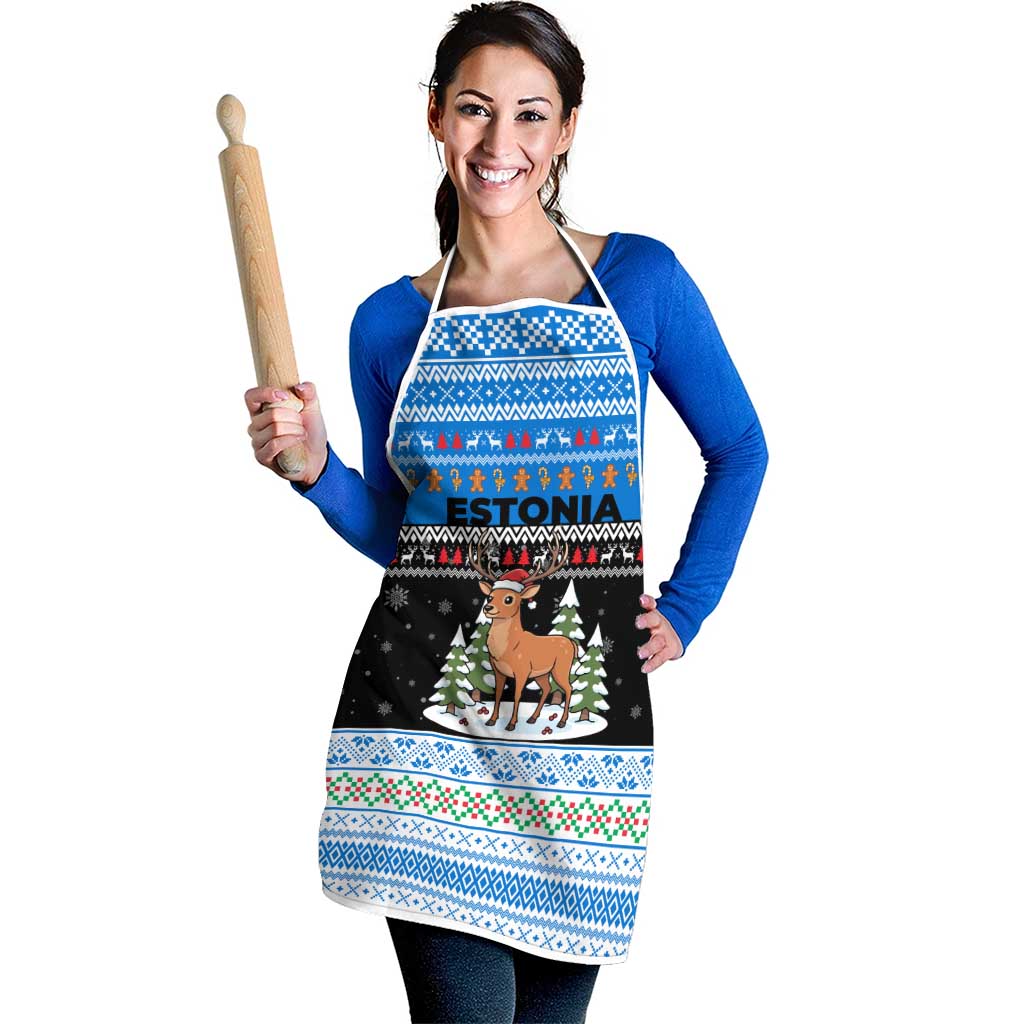 Estonia Christmas Apron with Reindeer Gingerbread Snowflakes National Emblem and Winter Forest - Wonder Print Shop