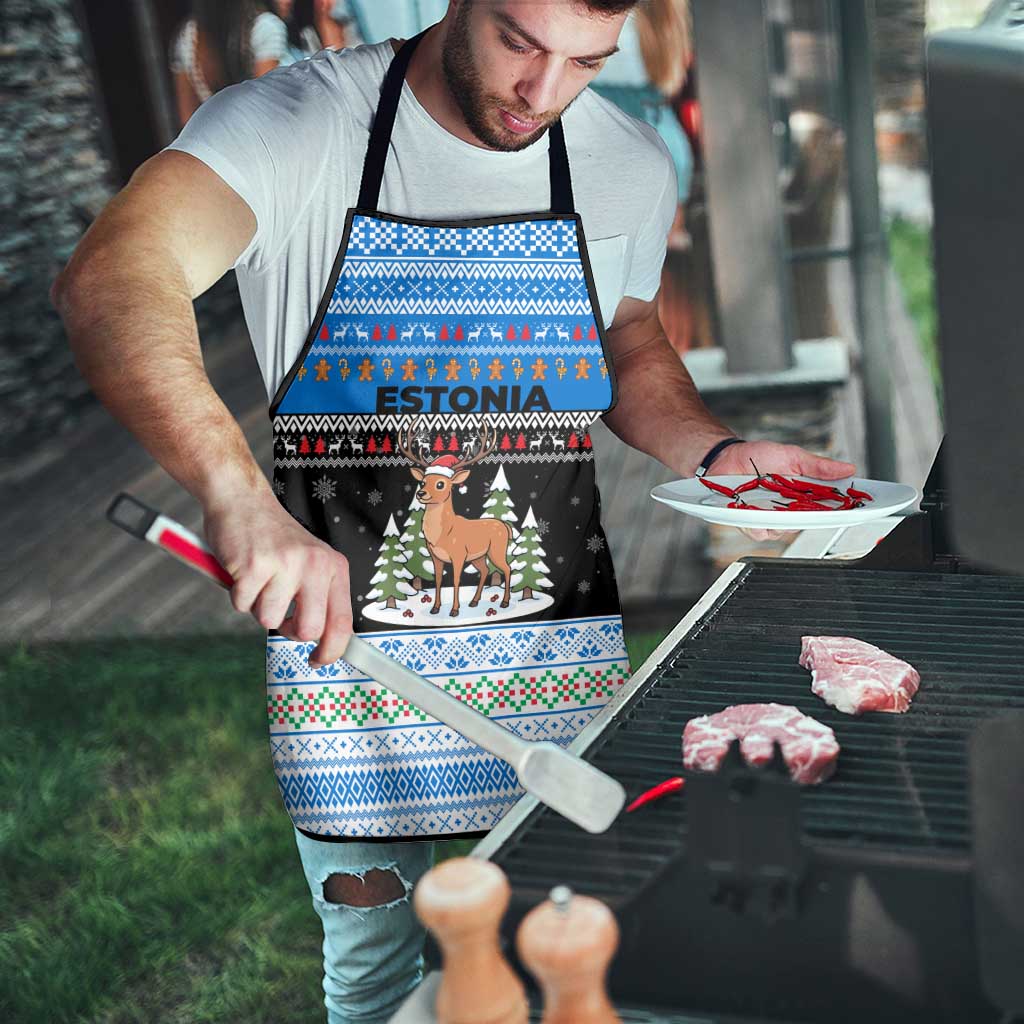 Estonia Christmas Apron with Reindeer Gingerbread Snowflakes National Emblem and Winter Forest - Wonder Print Shop