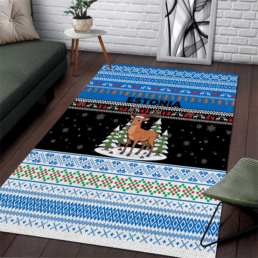 Estonia Christmas Area Rug with Reindeer Gingerbread Snowflakes National Emblem and Winter Forest - Wonder Print Shop