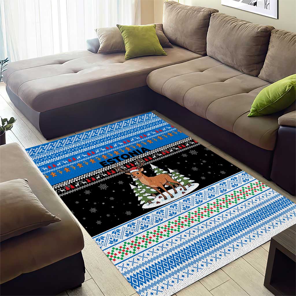 Estonia Christmas Area Rug with Reindeer Gingerbread Snowflakes National Emblem and Winter Forest - Wonder Print Shop
