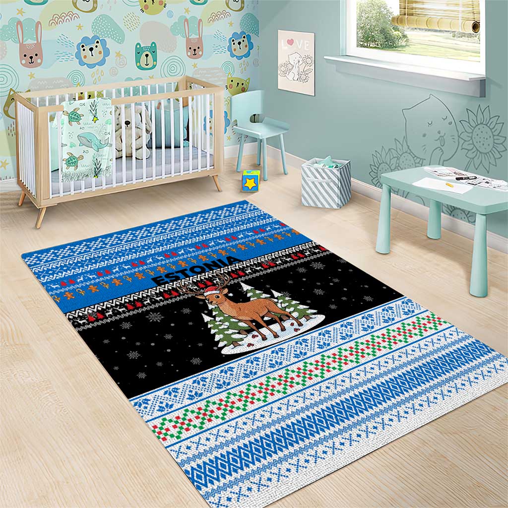 Estonia Christmas Area Rug with Reindeer Gingerbread Snowflakes National Emblem and Winter Forest - Wonder Print Shop