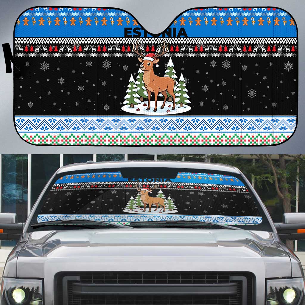 Estonia Christmas Auto Sun Shade with Reindeer Gingerbread Snowflakes National Emblem and Winter Forest - Wonder Print Shop