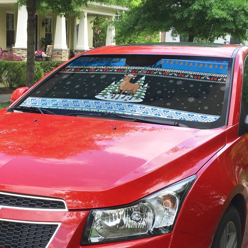 Estonia Christmas Auto Sun Shade with Reindeer Gingerbread Snowflakes National Emblem and Winter Forest - Wonder Print Shop