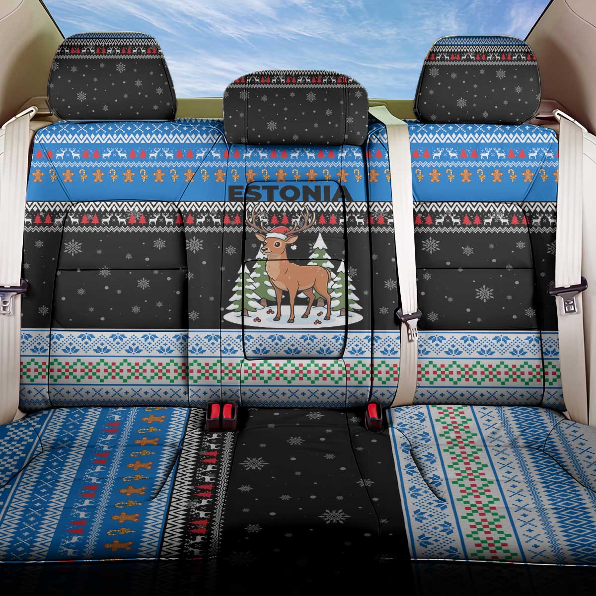 Estonia Christmas Back Car Seat Cover with Reindeer Gingerbread Snowflakes National Emblem and Winter Forest - Wonder Print Shop