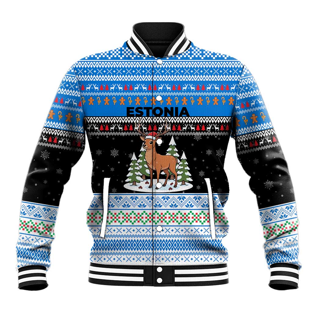 Estonia Christmas Baseball Jacket with Reindeer Gingerbread Snowflakes National Emblem and Winter Forest - Wonder Print Shop