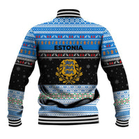 Estonia Christmas Baseball Jacket with Reindeer Gingerbread Snowflakes National Emblem and Winter Forest - Wonder Print Shop