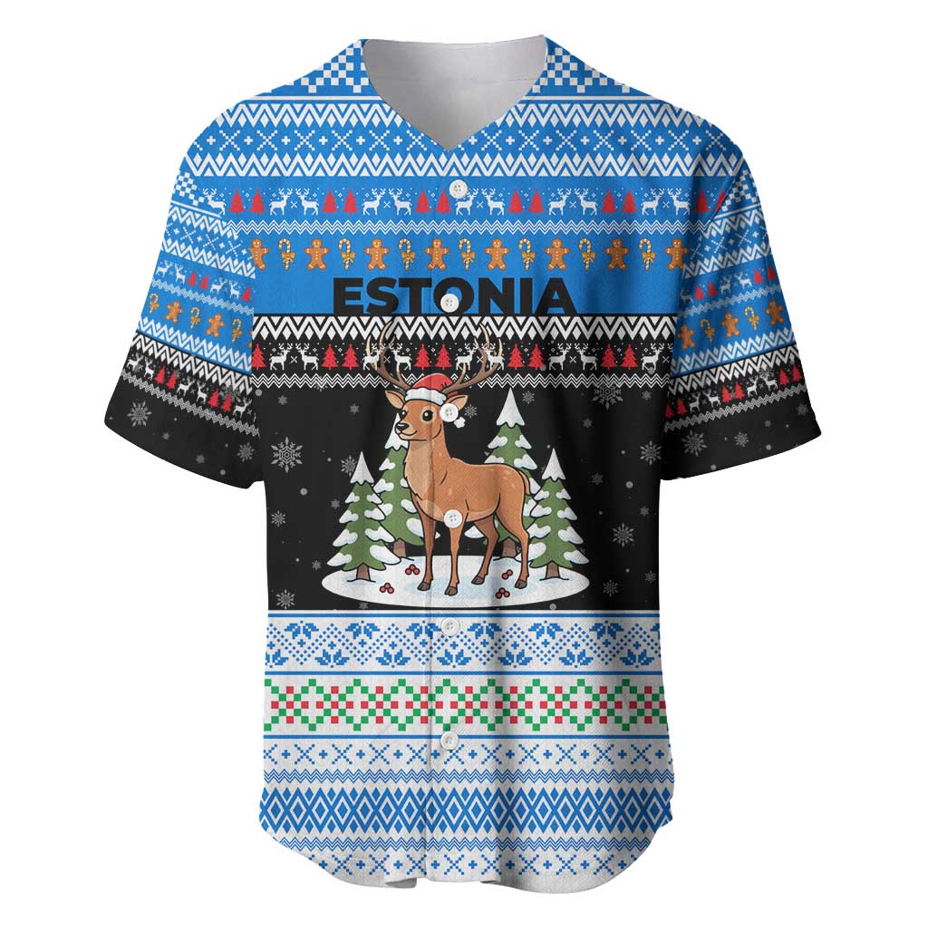Estonia Christmas Baseball Jersey with Reindeer Gingerbread Snowflakes National Emblem and Winter Forest - Wonder Print Shop