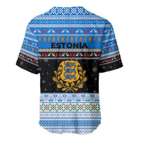 Estonia Christmas Baseball Jersey with Reindeer Gingerbread Snowflakes National Emblem and Winter Forest - Wonder Print Shop